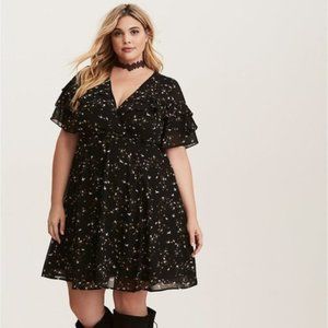 Torrid Black Floral Print Chiffon Ruffled Wrap Dress 4